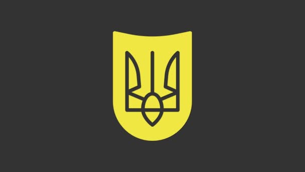 灰色の背景に隔離されたウクライナのアイコンの黄色の国民の紋章。ウクライナのトライデント。4Kビデオモーショングラフィックアニメーション - 映像、動画