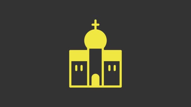 Keltainen kirkko rakennuksen kuvake eristetty harmaalla pohjalla. Kristillinen kirkko. Kirkon uskonto. 4K Video motion graafinen animaatio - Materiaali, video