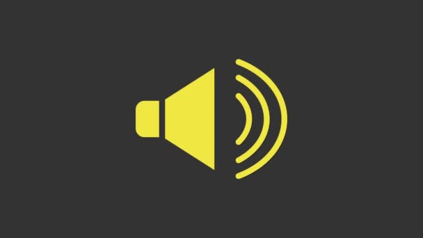 Volume altoparlante giallo, simbolo audio del suono vocale, icona musicale multimediale isolata su sfondo grigio. Animazione grafica 4K Video motion - Filmati, video
