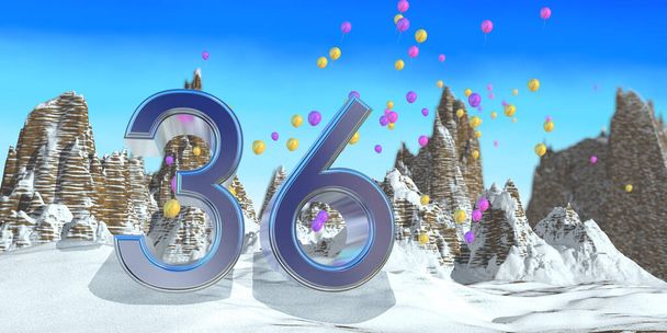 Number 36 in thick blue font on a snowy mountain with rock mountains landscape with snow and red, yellow and purple balloons flying in the background. 3D Illustration - Photo, Image