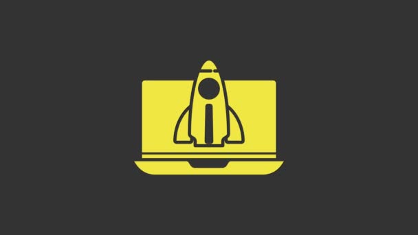 黄色灰色の背景に隔離されたビジネススタートアッププロジェクトのコンセプトアイコン。新しいビジネス、起業家精神、革新と技術の象徴。4Kビデオモーショングラフィックアニメーション - 映像、動画