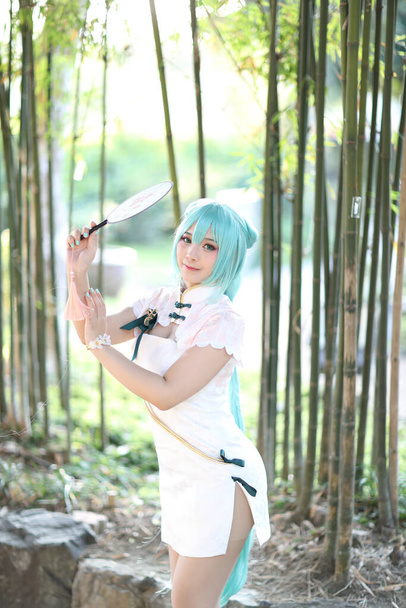 Japon anime cosplay portrait d'une fille avec costume chinois dans le jardin chinois - Photo, image