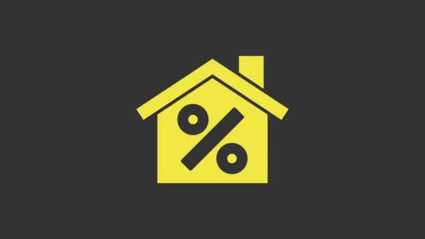 Gelbes Haus mit Percant Rabattmarke Symbol isoliert auf grauem Hintergrund. Immobilien zu Hause. Kreditanteil-Symbol. 4K Video Motion Grafik Animation - Filmmaterial, Video