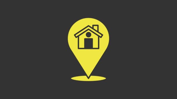 Gelber Kartenzeiger mit Haussymbol auf grauem Hintergrund. Markierungssymbol für den Wohnort. 4K Video Motion Grafik Animation - Filmmaterial, Video