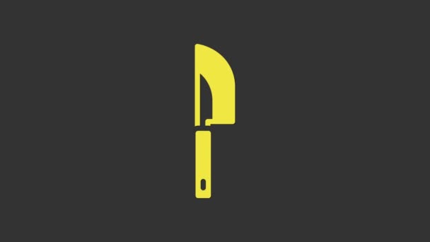 Icône de couteau jaune isolée sur fond gris. Symbole de couverts. Animation graphique de mouvement vidéo 4K - Séquence, vidéo