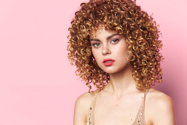 Charming model Curly hair red lips charm cropped look fashion clothes  - Φωτογραφία, εικόνα