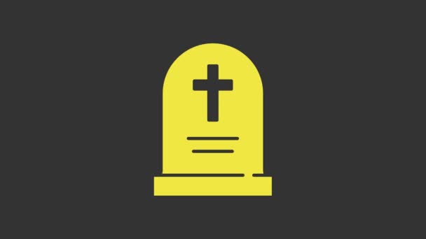 Pedra tumular amarela com ícone de cruz isolado no fundo cinza. Ícone de túmulo. Feliz festa de Halloween. Animação gráfica em movimento de vídeo 4K - Filmagem, Vídeo