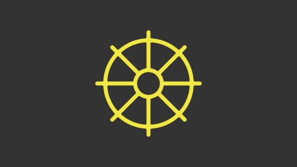 Icona gialla della ruota Dharma isolata su sfondo grigio. Segno di religione buddhista. Simbolo di Dharmachakra. Animazione grafica 4K Video motion - Filmati, video
