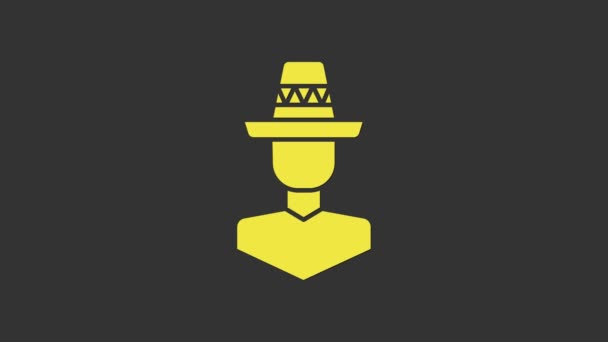 Yellow Mexican man wearing sombrero icon isolated on grey background. Hispanic man with a mustache. 4K Video motion graphic animation - Footage, Video