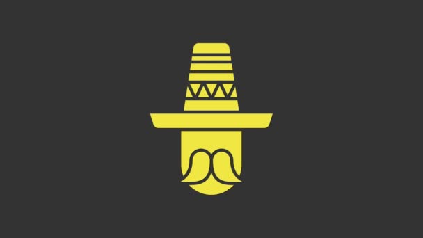 Keltainen meksikolainen, jolla on sombrero-ikoni harmaalla pohjalla. Viiksekäs latinomies. 4K Video motion graafinen animaatio - Materiaali, video
