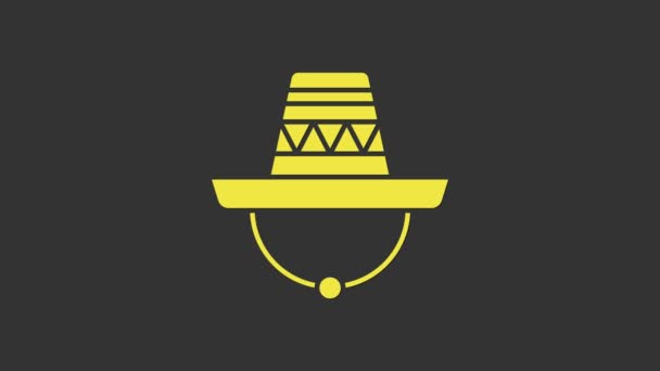 Sarı Geleneksel Meksika sombrero şapka ikonu gri arka planda izole edildi. 4K Video hareketli grafik canlandırması - Video, Çekim