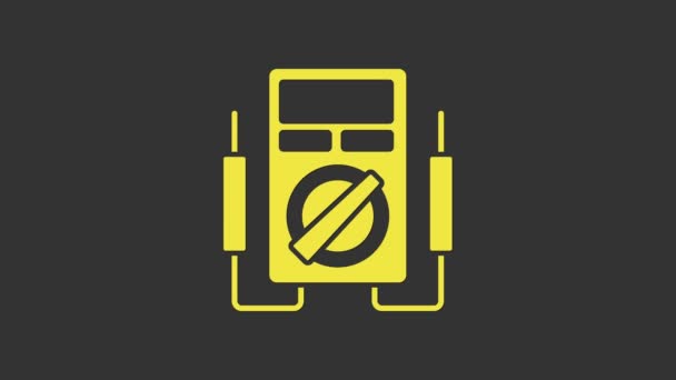 Amperímetro amarelo, multímetro, ícone voltímetro isolado no fundo cinza. Instrumentos para medição de corrente elétrica. Animação gráfica em movimento de vídeo 4K - Filmagem, Vídeo