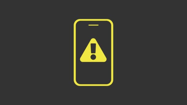 Gri arkaplanda ünlem işareti simgesi olan sarı cep telefonu. Uyarı mesajı akıllı telefon uyarısı. 4K Video hareketli grafik canlandırması - Video, Çekim