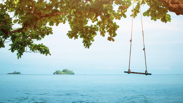 Summer meri ranta ja saari tausta keinu puu ja sininen valtameri näkymä luonnollinen saari merimaisema rentoutumiseen ja matka-käsite  - Valokuva, kuva