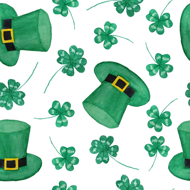 Seamless watercolor hand drawn pattern with St Patricks day parade elements, green emerald hats Irish Ireland gnomes dwarfs leprechauns. Lucky clover shamrock background, magic celtic tradition - Photo, Image