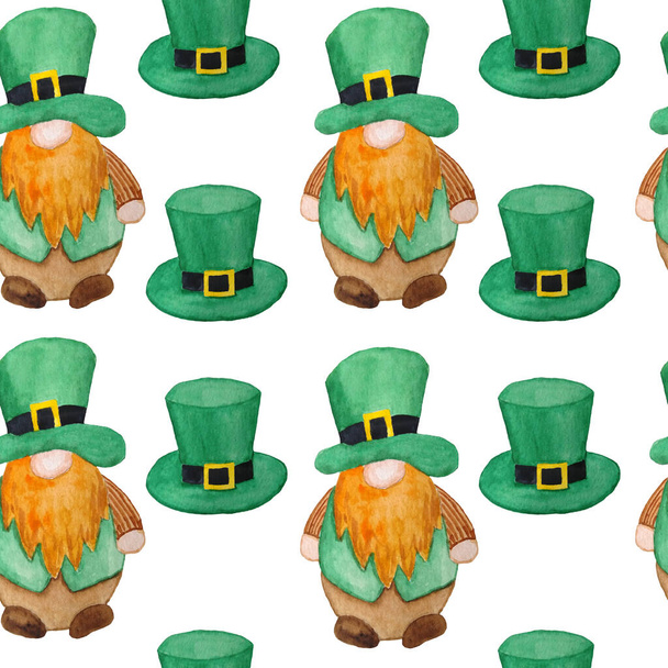 Seamless watercolor hand drawn pattern St Patricks day parade elements, Irish Ireland gnomes dwarfs leprechauns in green emerald hats. Lucky clover shamrock background, magic celtic tradition, symbols - Photo, Image