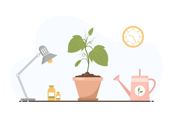 Gurkensaat in einem Topf. Gartenpflanzen anbauen. Vegetarische und ökologische Produkte. Vektorillustration im flachen Cartoon-Stil. Pflanzenpflegekonzept - Vektor, Bild