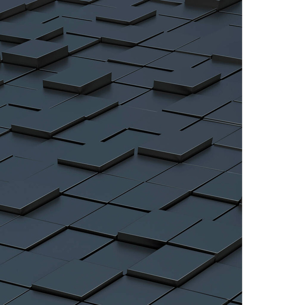 3d illustratie. Realistische zwarte massieve blokjes met een schaduw van dezelfde grootte, gelegen in de ruimte op verschillende niveaus. Abstract achtergrond van 3D blokjes. Achtergrond van donkere kubussen. 3d rendering.3 d paneel. - Foto, afbeelding