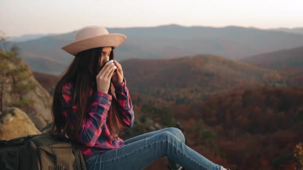 Μια νεαρή γυναίκα πίνει ζεστό τσάι. Κάθεται σε ένα βράχο και κοιτάζει το ορεινό τοπίο. Πεζοπορία στα βουνά. 4K - Πλάνα, βίντεο
