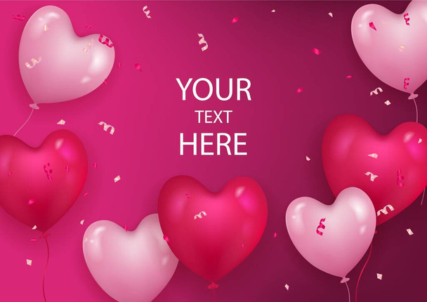 Horizontal festive banner with realistic glossy heart-shaped balloons. - Vector, Image