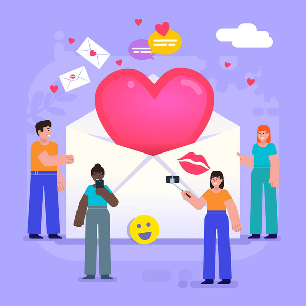 Valentines day celebration, send love message, letter. Group of people stand near big letter, envelope with heart. Modern vector illustration - Vector, Image