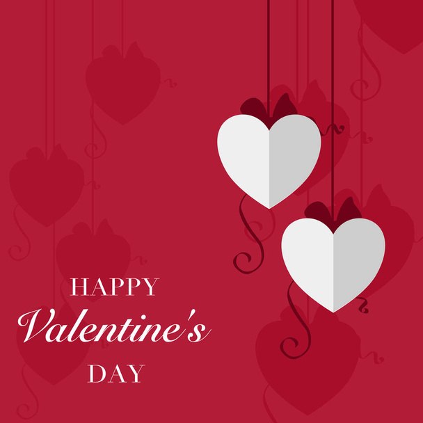Glücklicher Valentinstag mit hängenden Herzen und Bändern auf rotem Hintergrund - Vektor, Bild