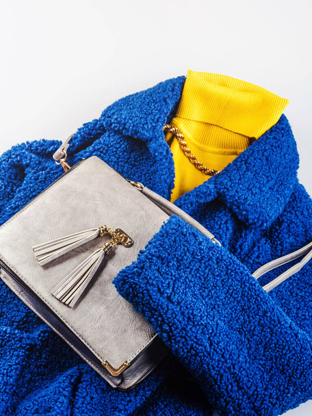 Sárga teknős nyak szürke kézitáskával, kék kabátban - Fotó, kép