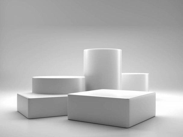 Representación 3D soporte de fondo de producto blanco o pedestal de podio en pantalla publicitaria con fondos en blanco - Foto, imagen