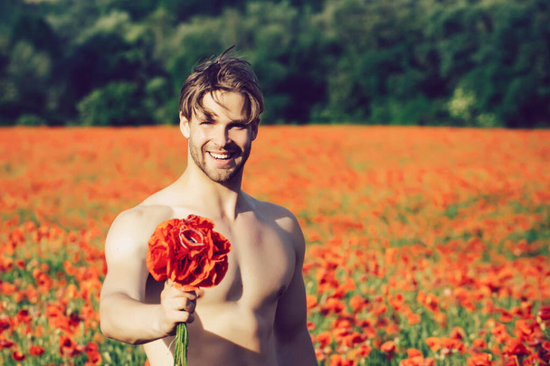 Valentines day. Naked man with bouquet. Muscular body in field of red poppy, summer, drug and love intoxication, opium. - Foto, immagini