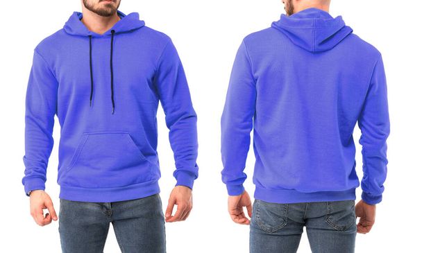 Young bearded man standing in colorful hoodie mock up. Sweatshirt on a man design template. Man with beard wears streetwear - Photo, Image