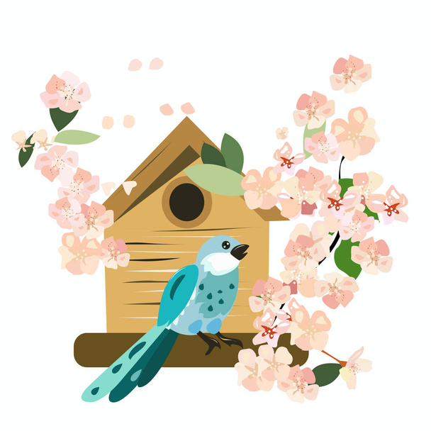 Birdhouse and bird and apple tree flowers in spring - Вектор,изображение