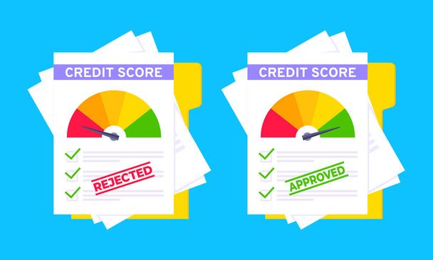 Livelli di colore dell'indicatore del tachimetro del punteggio di credito respinto e approvato su fogli di carta impostati. - Vettoriali, immagini