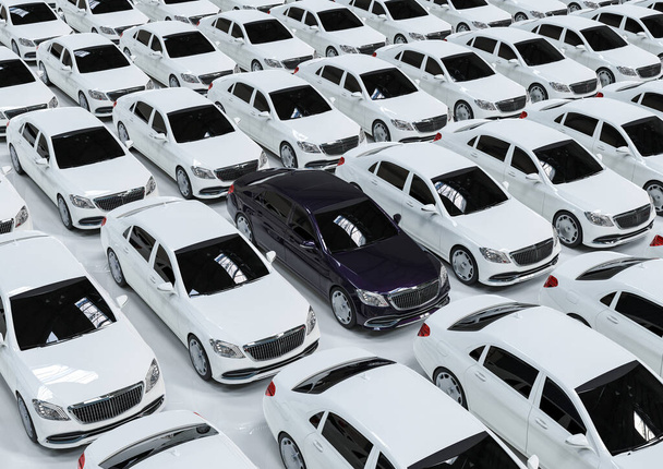 Obraz 3D renderowania floty luksusowego samochodu z jednym w różnych kolorach reprezentujących unikalną koncepcję  - Zdjęcie, obraz
