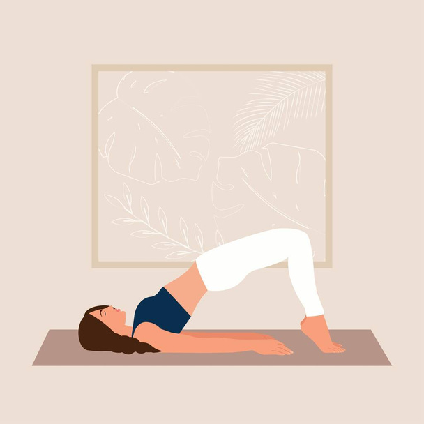 Молодая женщина занимается йогой. Женская медитация на коврике. Концепция иллюстрации для йоги, медитации, расслабления, отдыха, здорового образа жизни. Векторная иллюстрация в плоском стиле мультфильма. - Вектор,изображение