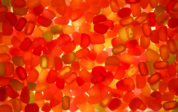Abstrakt verschwommener heller Hintergrund aus roten, orangen und gelben Gummibonbons, hinterleuchtet - Foto, Bild