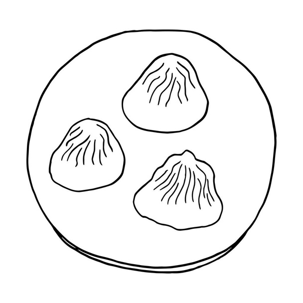 Handgezeichnete Kritzelknödel Xiao Long Bao. Chinesische Küche Gericht. Designskizzenelement für Menü-Café, Restaurant, Etikett und Verpackung. Vektorillustration auf weißem Hintergrund. - Vektor, Bild
