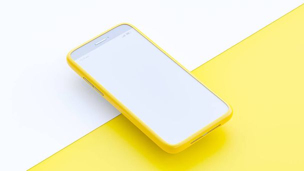mobile phone in yellow case Mock-Up on white and yellow background. minimal idea concept, 3D Render. - Foto, Imagem