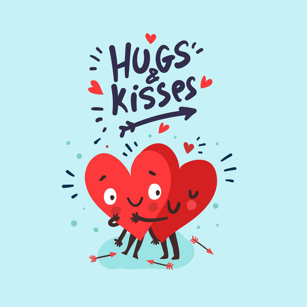 Couple in love concept, two cute hearts hugging. Hand Drawn Lettering "Hugs and kisses". Valentine's Day Vector Card - Vector, Image
