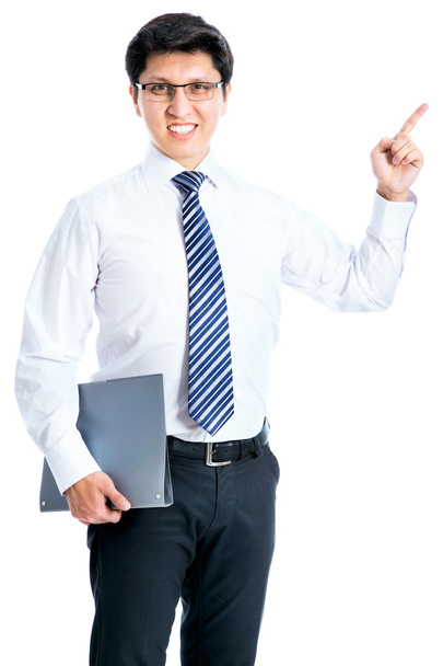 Businessman pointing at white background - Foto, afbeelding