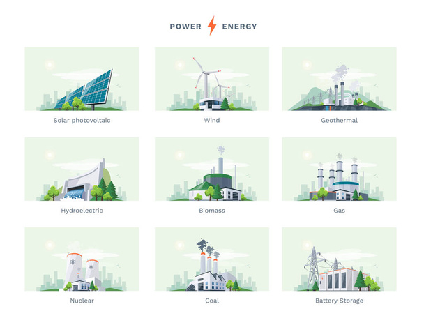 Τύποι πηγών παραγωγής ηλεκτρικής ενέργειας. Ενεργειακό μίγμα ηλιακής, νερού, ορυκτών, αιολικής, πυρηνικής ενέργειας, άνθρακα, φυσικού αερίου, βιομάζας, γεωθερμικής αποθήκευσης και αποθήκευσης μπαταριών. Φυσικοί πόροι σταθμών παραγωγής ενέργειας από ανανεώσιμες πηγές. - Διάνυσμα, εικόνα