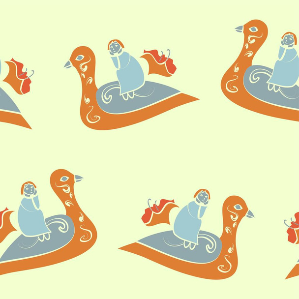 ベクトル再現性のある抽象的なおとぎ話の鳥と女の子のパターンの行に薄い青、オレンジとクリームの背景 - ベクター画像