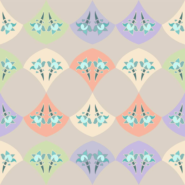 Padrão de arte deco abstrata repetível vetorial inspirado em tons pastel de verde, lilás e laranja usando formas geométricas - Vetor, Imagem