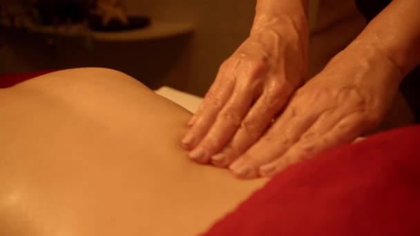 vista cortada de massagista profissional massageando mulher na mesa de massagem - Filmagem, Vídeo
