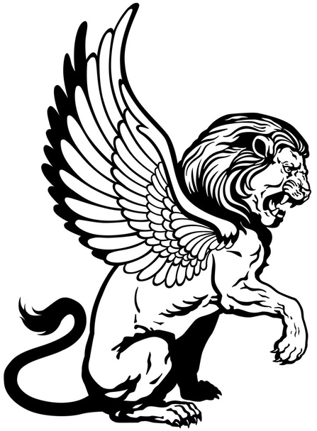 翼座っているライオン ブラック ホワイト - ベクター画像