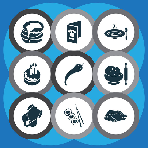 Strava ikony set s těstem, menu, polévka a další krepových prvků. Ikony izolovaných ilustračních jídel. - Fotografie, Obrázek