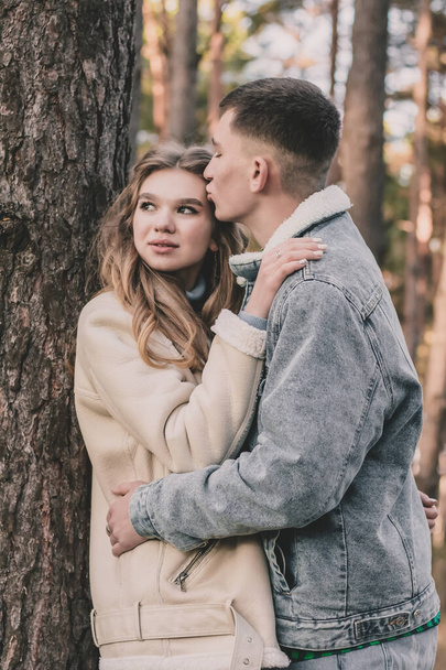 el tipo apoyó a la chica contra el árbol la abraza y besa mientras que en el bosque de pinos - Foto, Imagen