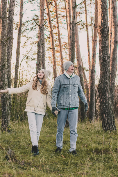 Le gars tient la main de la fille et marche dans la forêt de pins - Photo, image