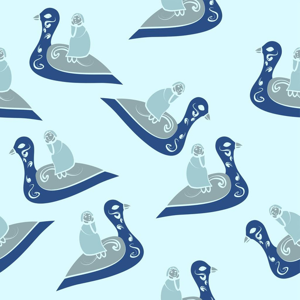 Seamless vector repeating abstract scattered bird and girl whimsical pattern in shades of blue - Vecteur, image