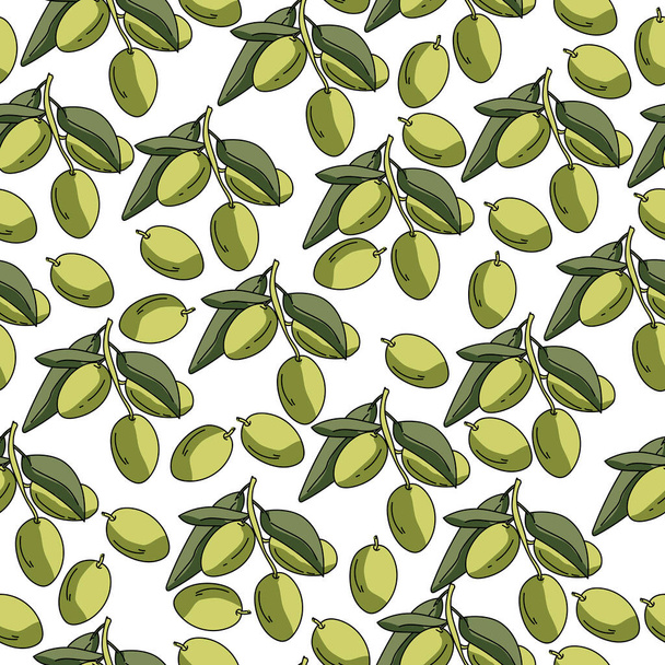 Зелені оливки безшовний візерунок, гілка з листям і ягодами на білому тлі Векторні ілюстрації для дизайну
 - Вектор, зображення