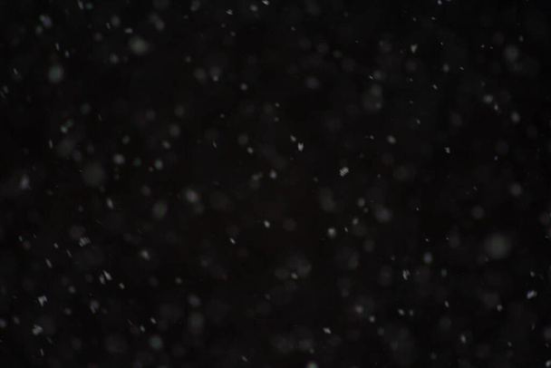 Kerstavond. Abstracte zwarte patroon met vallende sneeuw. witte sneeuw op zwarte achtergrond. Wazig effect - Foto, afbeelding